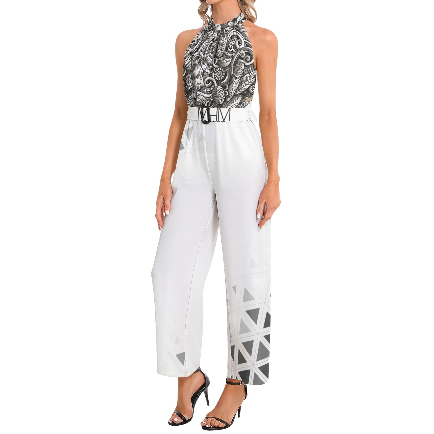 MHM Apparel Halter Neck Buckle Belted Jumpsuit